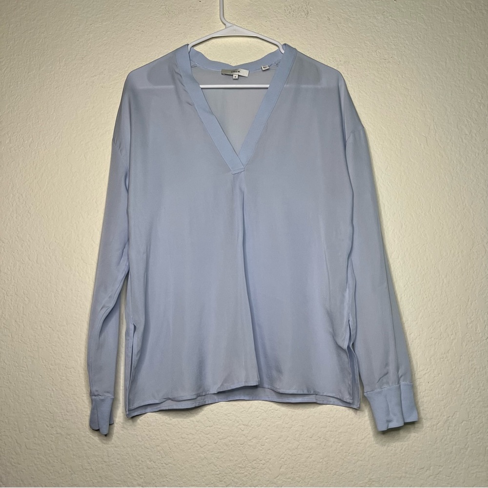 Women's Vince Rib Trim Blue Silk Blouse, Size Medium